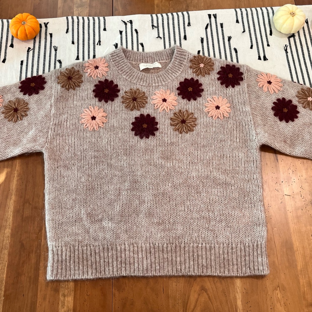 Sezane Floral Embroidered Sweater - Pink and Brown